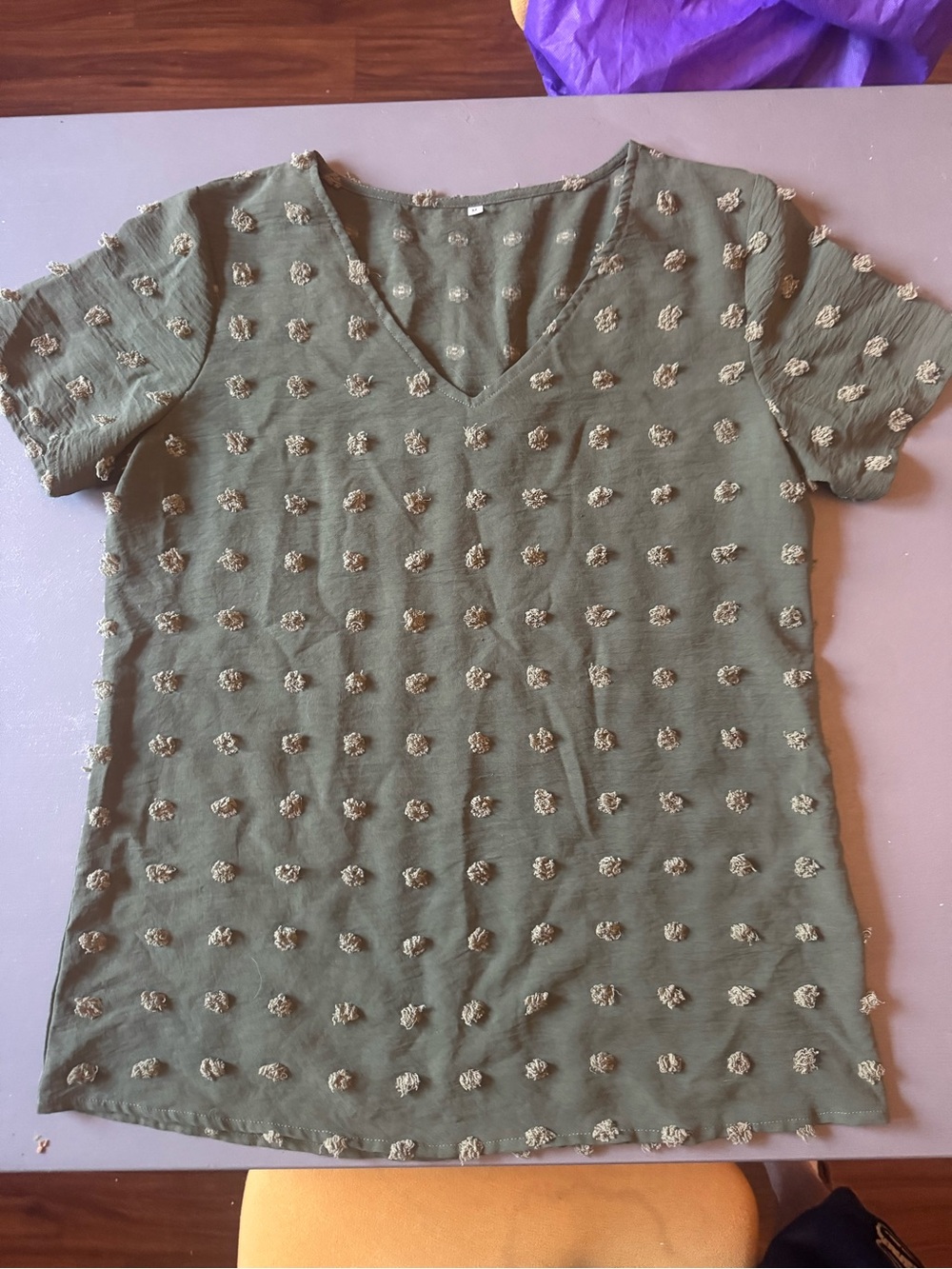 Women’s Olive Pom-Pom V-Neck Short Sleeve Top